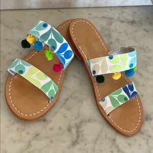 CARUSO SANDALI Colorful Pom Pom Fabric & Leather Italian Slide Sandals 39